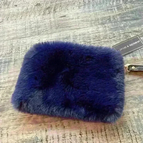 Jane & Berry Fuzzy Pouch Blue Wristlet Black Strap NWT Zipper - Picture 7 of 9